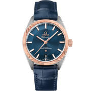 Quadrante blu sun-brushed a forma di torta pie con indici e lancette in oro Sedna™ 18K con rivestimento Super-LumiNova dell’Omega Constellation Globemaster 39 mm